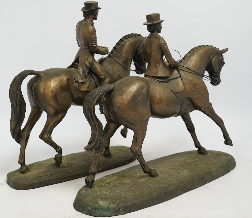 Harriet Glen and David Crenty, two cold cast resin bronze equestrian groups, 32cm wide. Condition - good